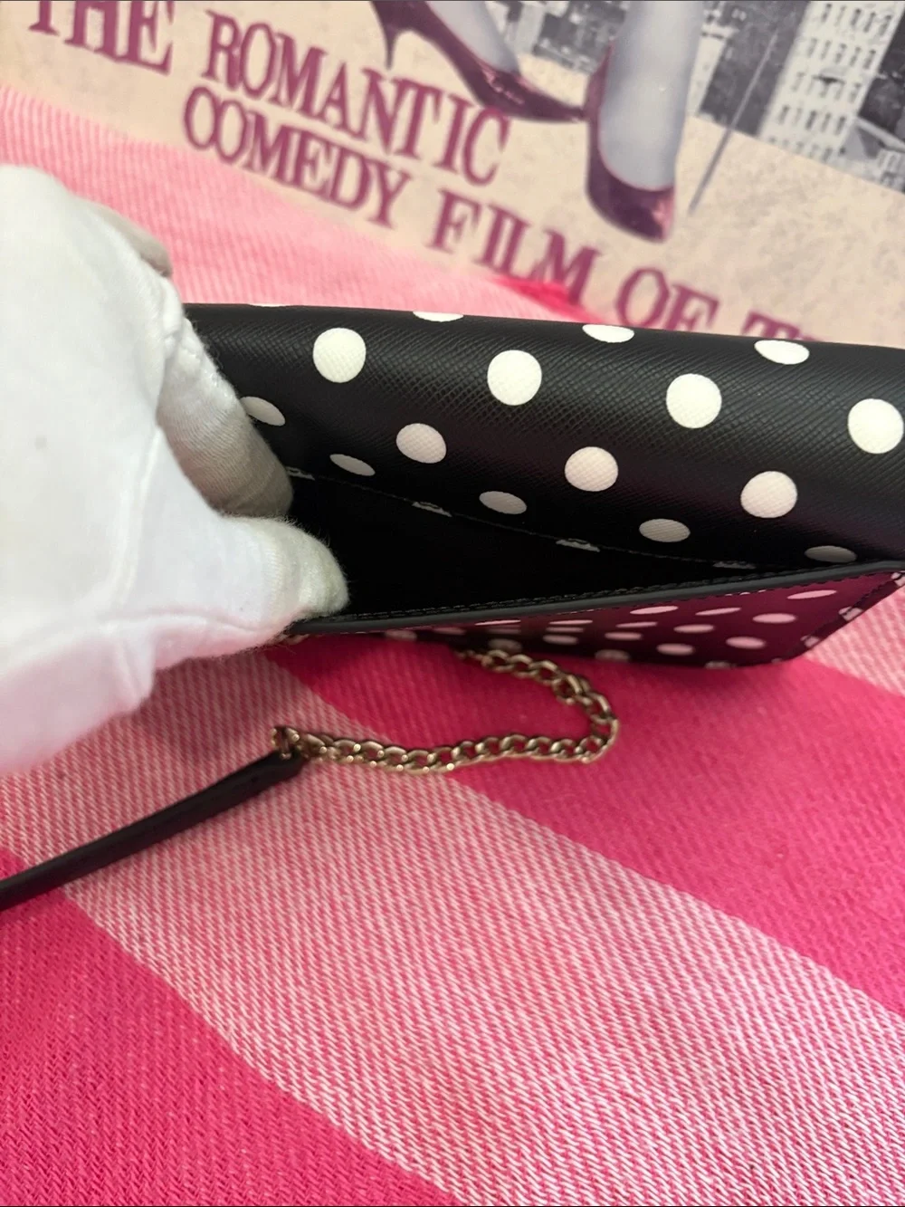 kate spade Black and White Polka Dot Crossbody with Gold Chain